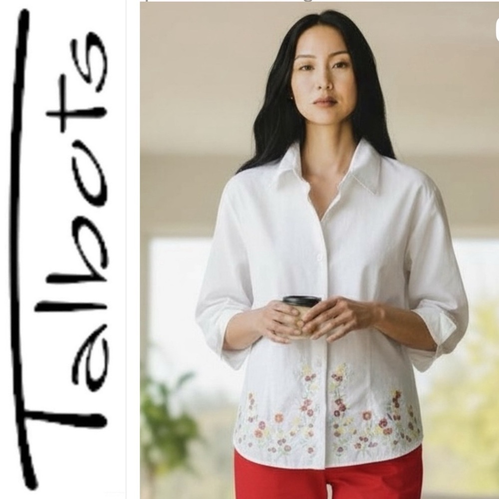 Talbots White Floral Embroidered 3/4 Shirt Size Medium